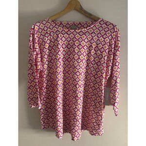 Chico's Pink Orange Geometric 3/4 Sleeve Top T-shirt Large Cotton Shirt NEW